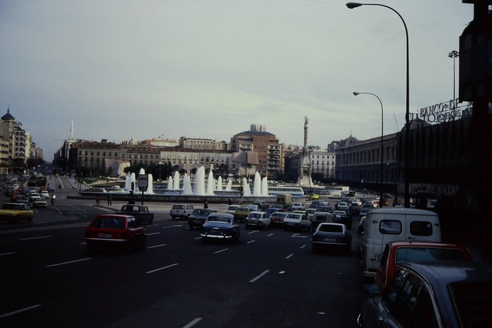 c1970\'s 35mm Slide Madrid Spain Plaza de Colón Fountain Traffic Cityscape Statue