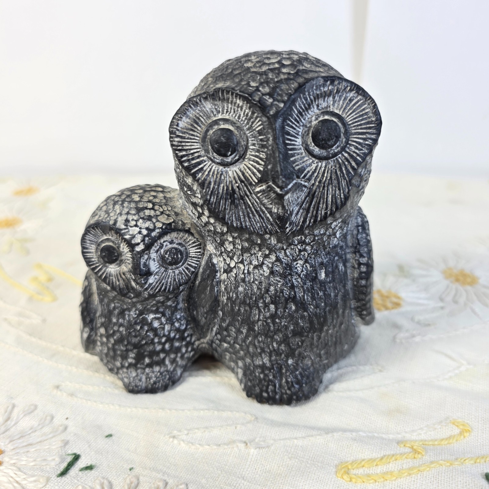 Vintage Nuvuk Canada Owl Figurine Mother Baby Stone Sculpture Inuit Style Decor