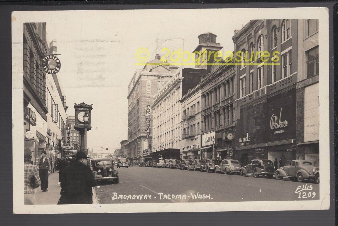 Rppc Broadway Tacoma Wa Washington Old Cars Big Clock Stores People Temple Old