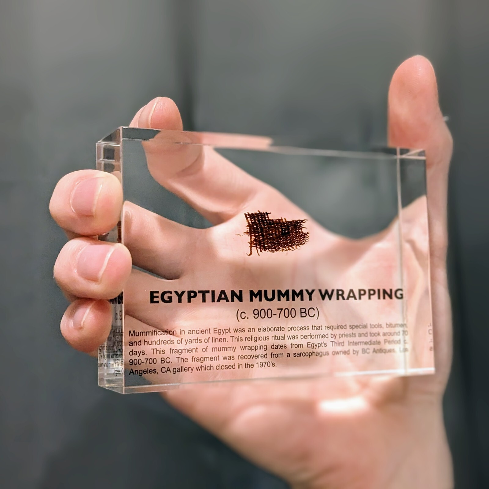 Ancient Egyptian Mummy Linen Wrapping- Lucite Acrylic Artifact Display Ancient Egyptian Mummy Linen Wrapping- Lucite Acrylic Artifact Display