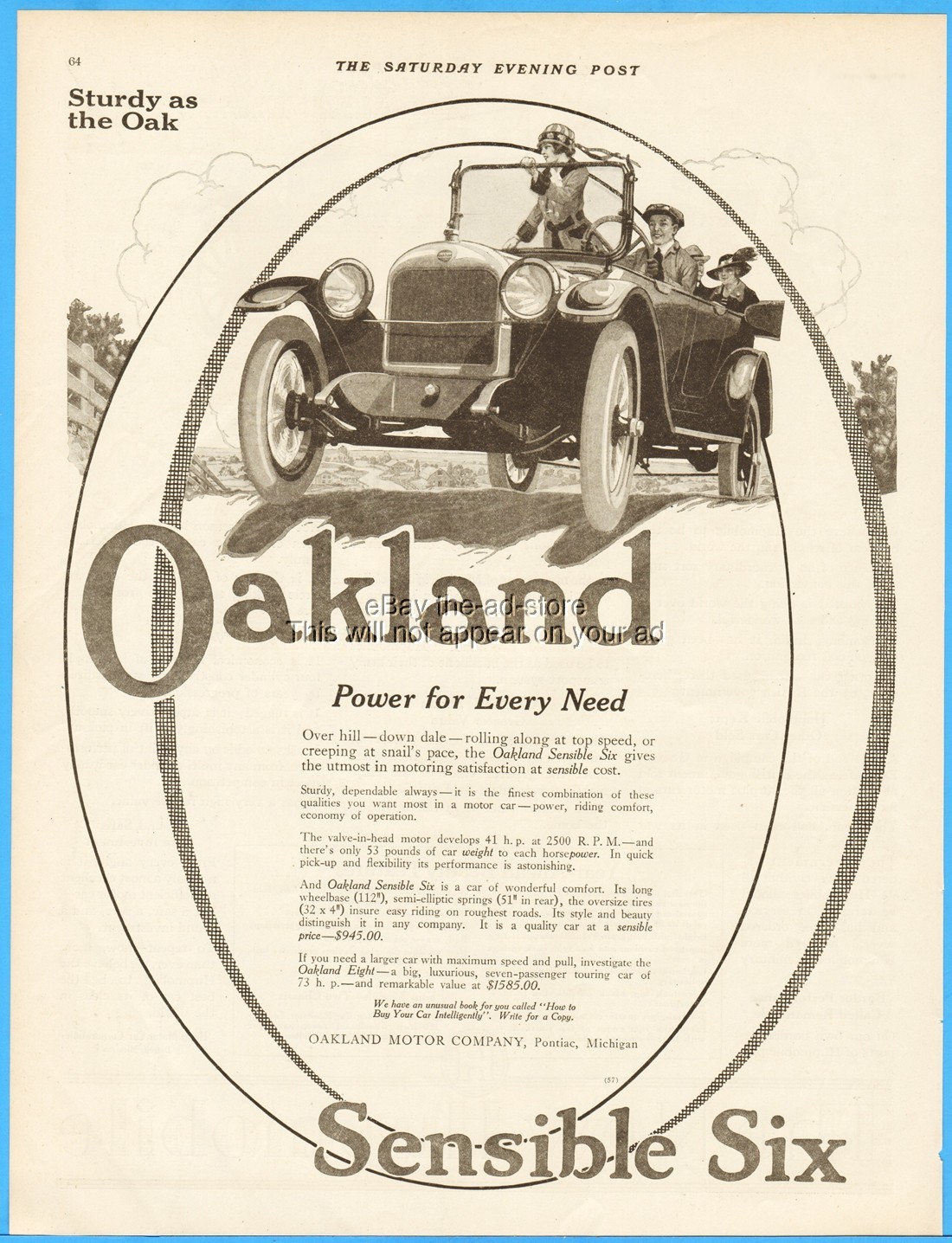 1917 Oakland Motor Car Pontiac MI General Motors Vintage Open Automobile Ad