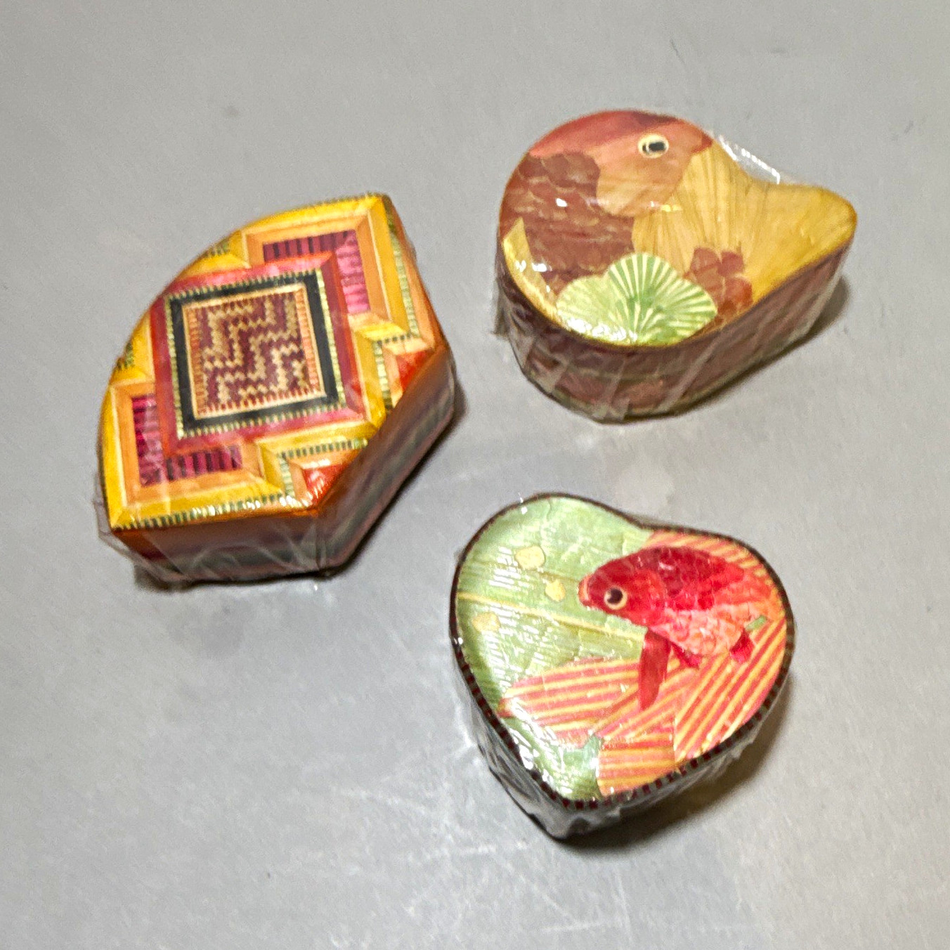Lot of 3 Small Decorative Trinket Boxes, Dyed Straw, Heart & Bird Designs NEW 