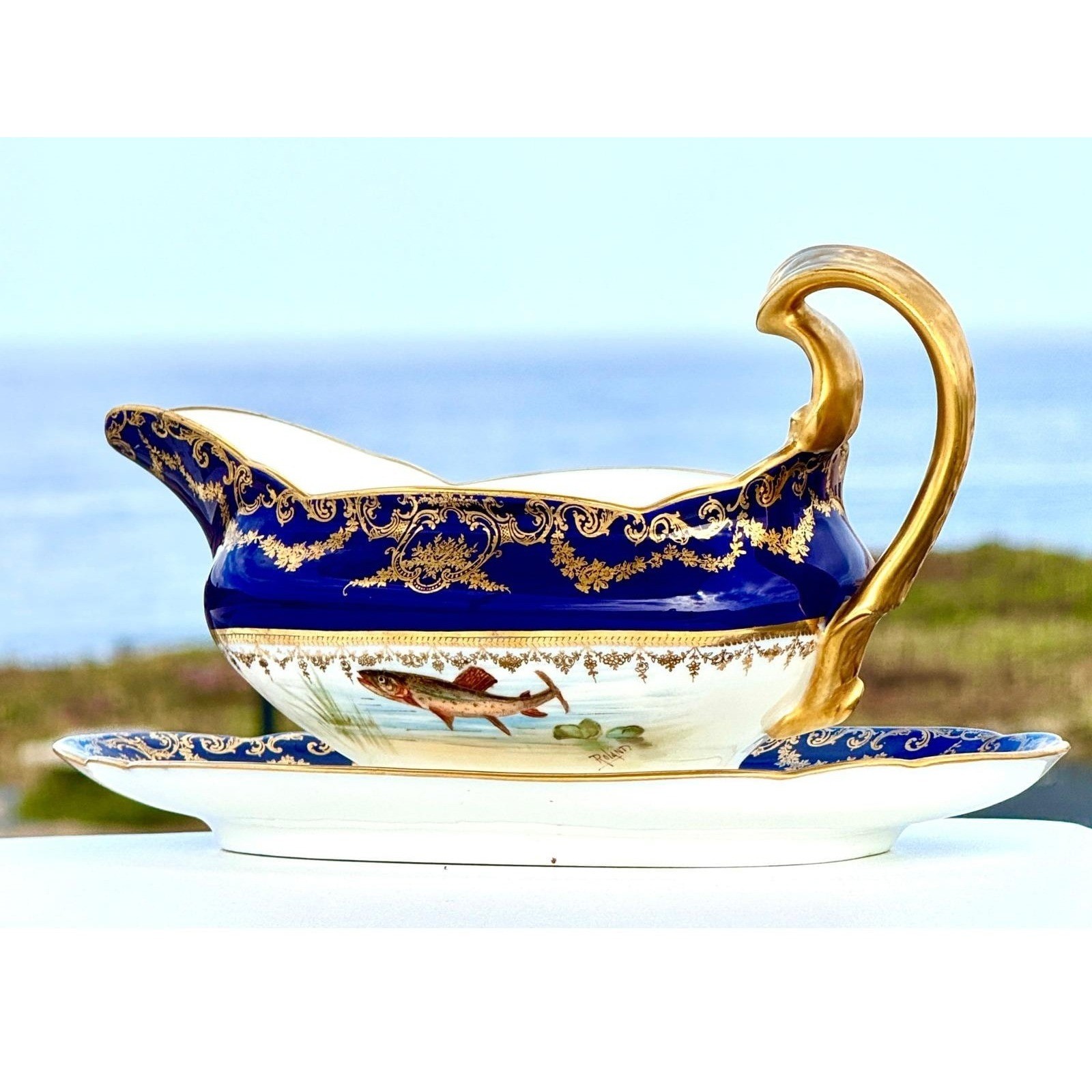 Antique Gravy Boat D&C Limoges Porcelain Cobalt Blue Possibly 22K Gold Gilt