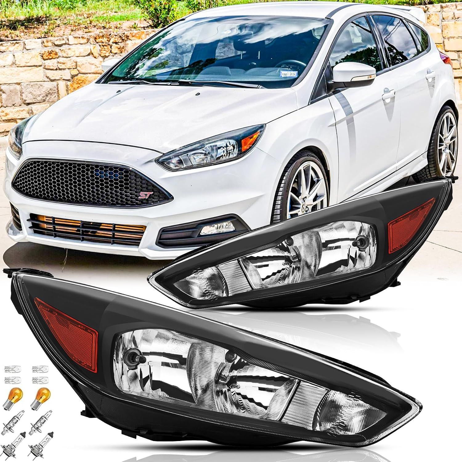 Headlights Assembly Pair with Bulbs for 2015 2016 2017 2018 Ford Focus S SE ST H