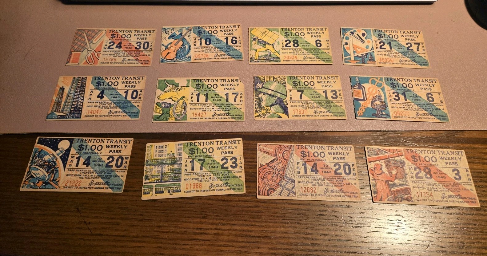 12x WWII 1943 Trenton Transport / Bus Passes Homefront Military theme