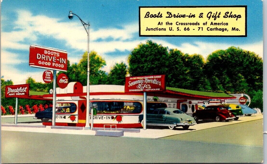 Postcard Chrome  Boots Drive in & Gift Shop  Carthage Mo. old cars Route 66