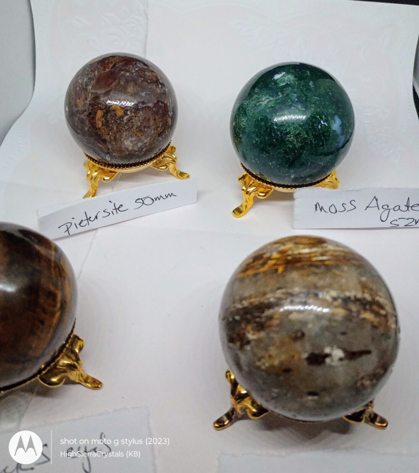 🔥 4 PC Lot Spheres W Stands Pietersite Moss Agate Mosaic Agate Tigers Eye 