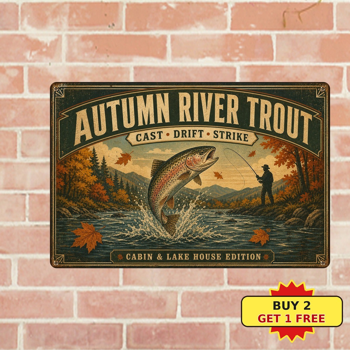 Trout Leaping River Autumn Fishing Scene Metal Sign Vintage Cabin Decor 8x12