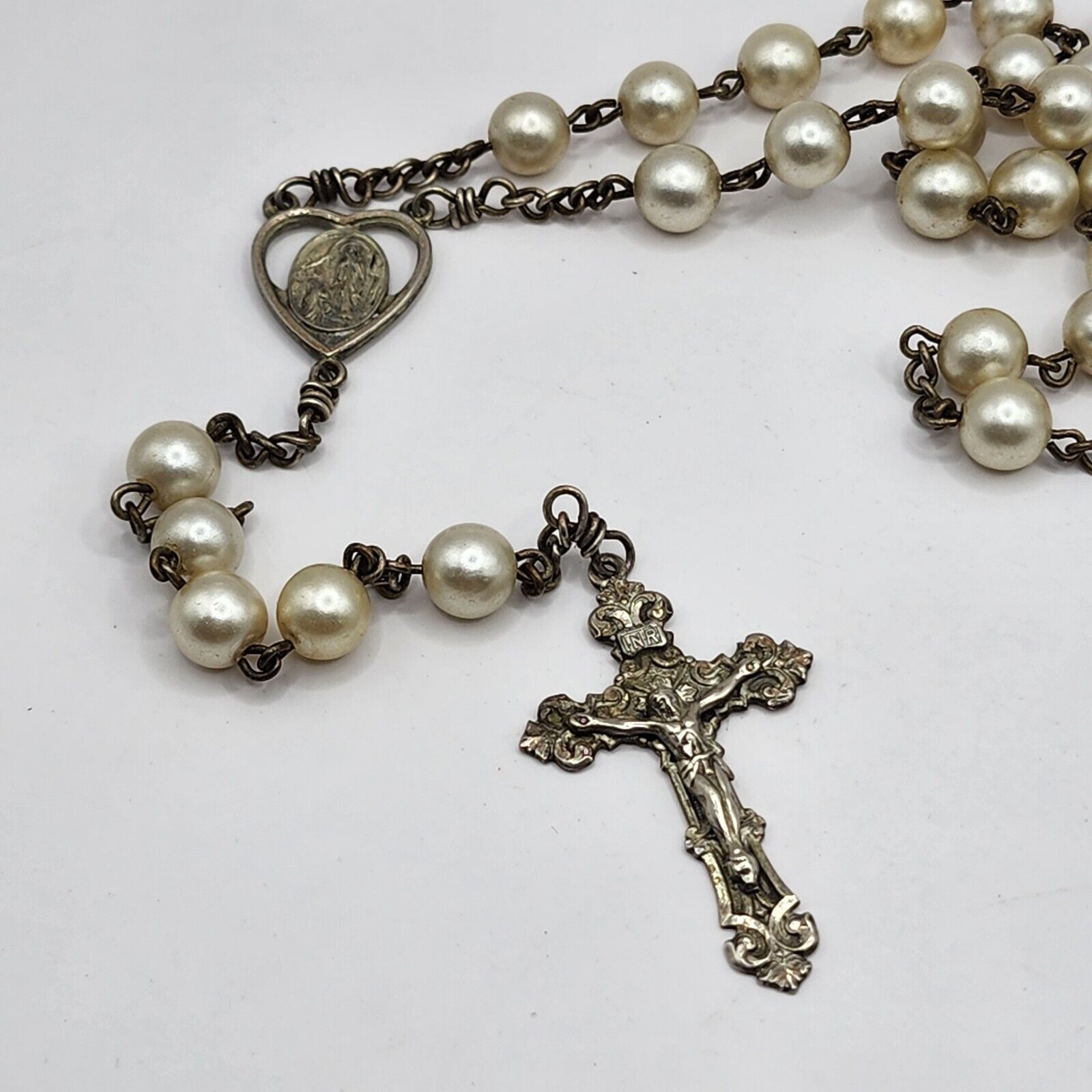 Vintage Rosary Necklace Sterling Cross Simulated Pearl Crucifix 
