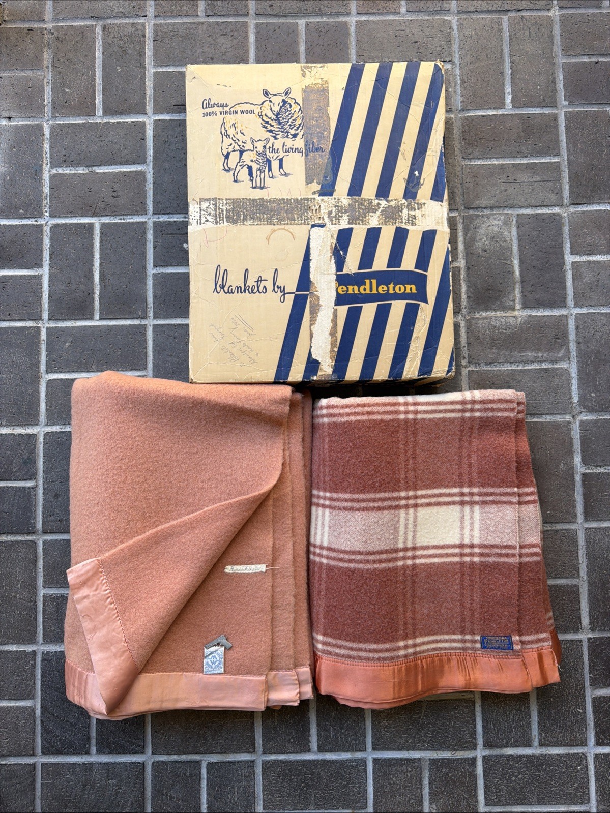 Vintage Pendleton Montgomery Ward Wool Blanket NOS Box 1940s Pink Plaid 68 X 83
