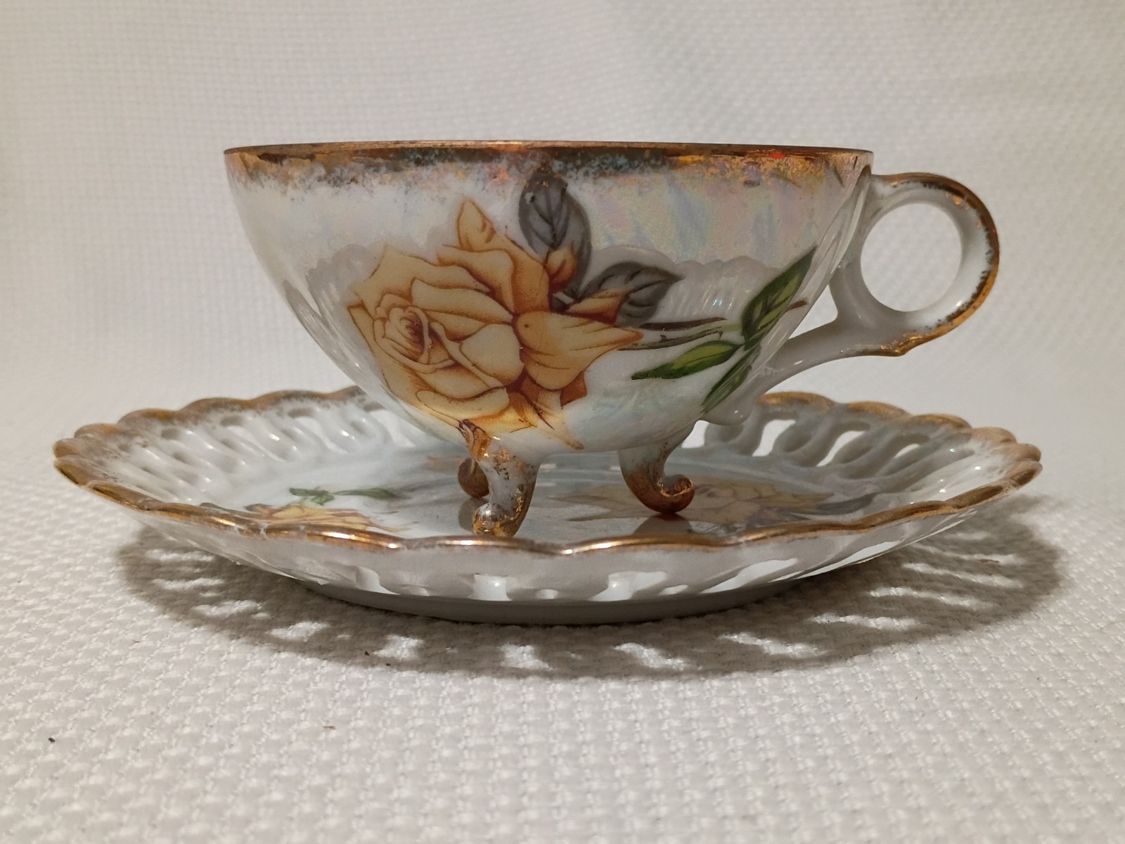 Vintage Lusterware Tri Footed Open Lace Yellow Roses Cup & Saucer