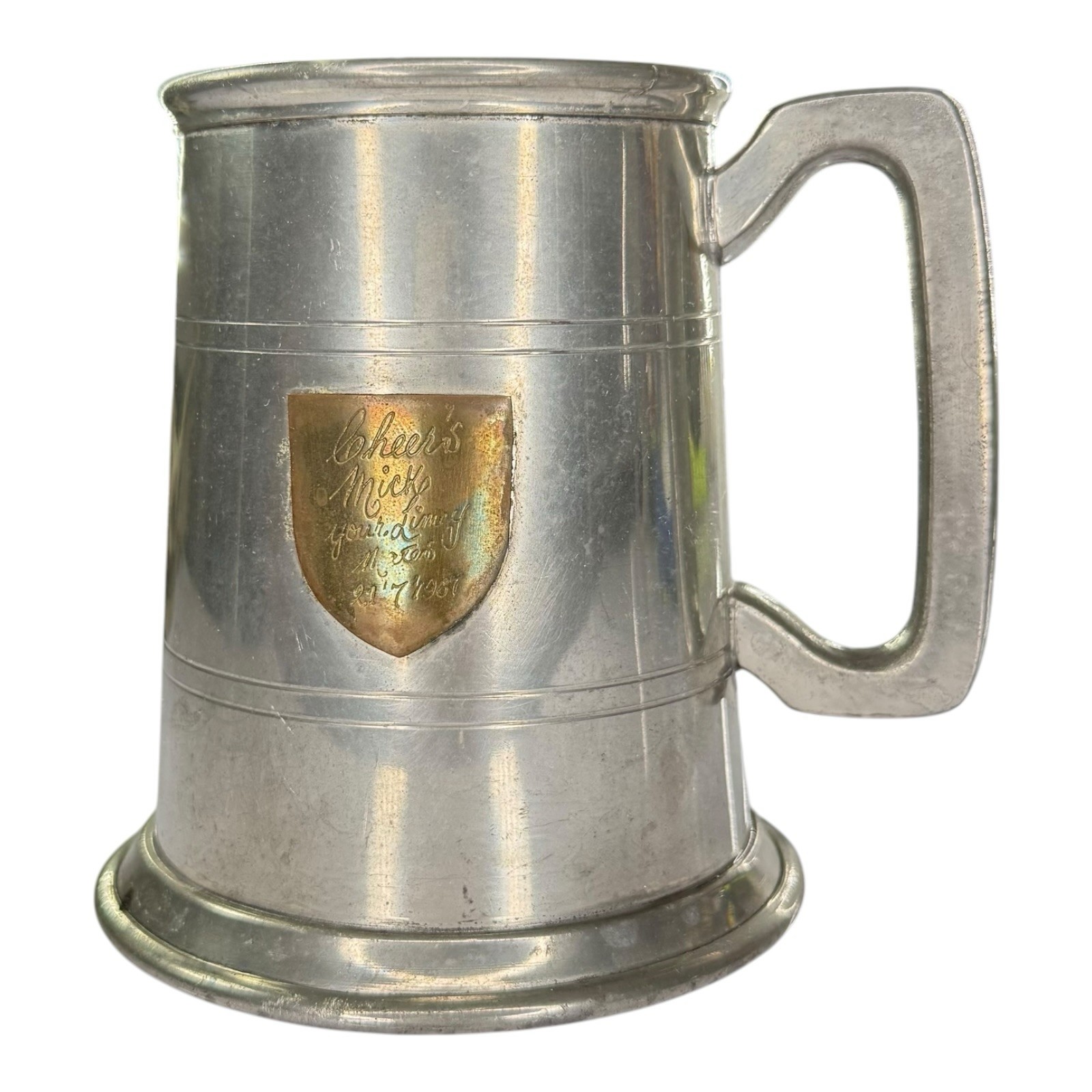 Vintage 1987 English Pewter Tankard Glass Bottom Beer Mug Engraved Made England