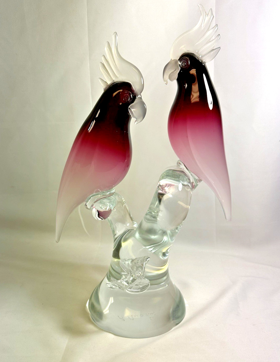 Renato Anatra Signed Murano Glass Cockatoos Sculpture Cranberry 17.5 \