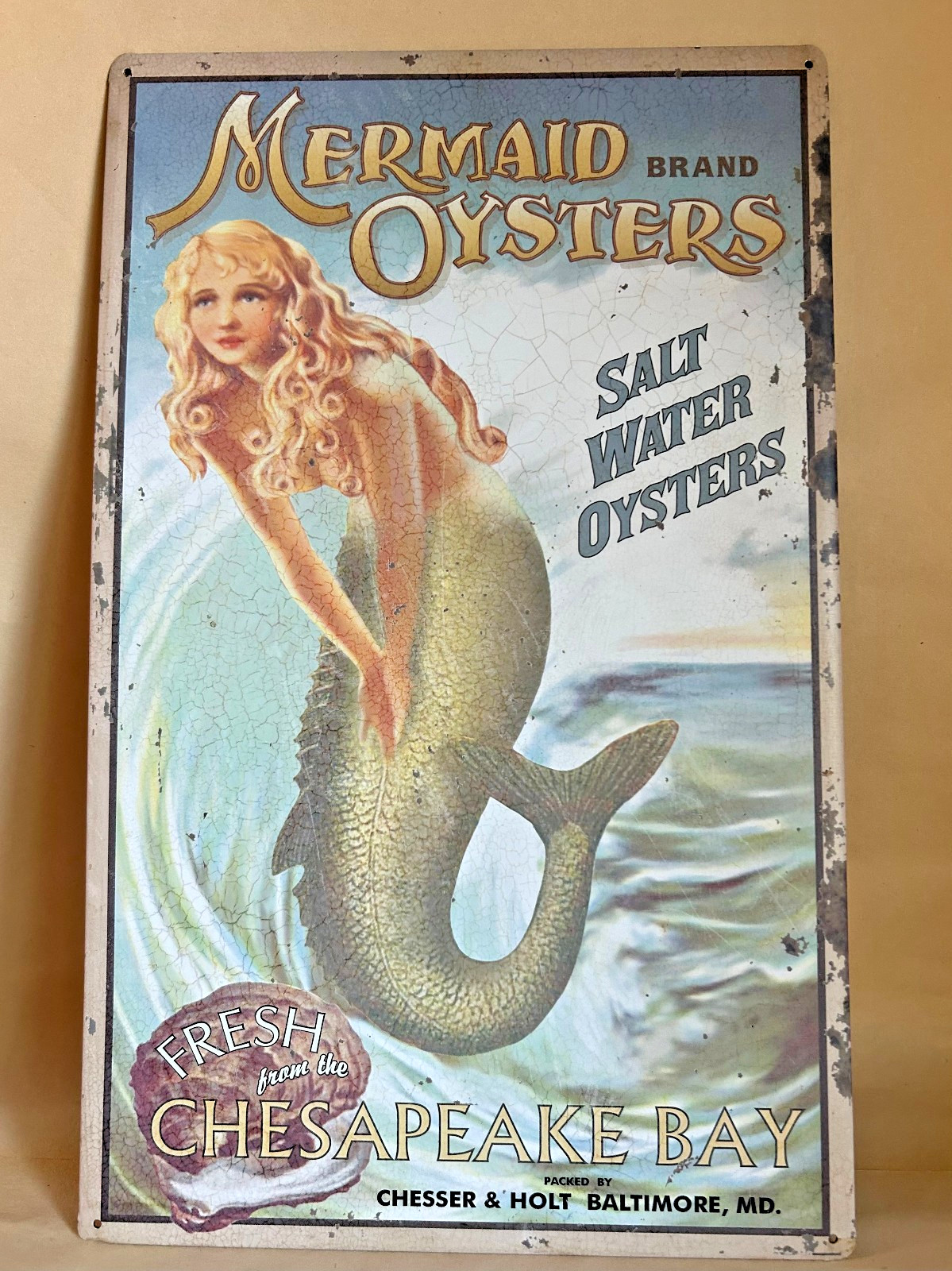 Vintage 90's Tin Sign Mermaid Oysters Chesapeake Bay Maryland Beach Coast Decor