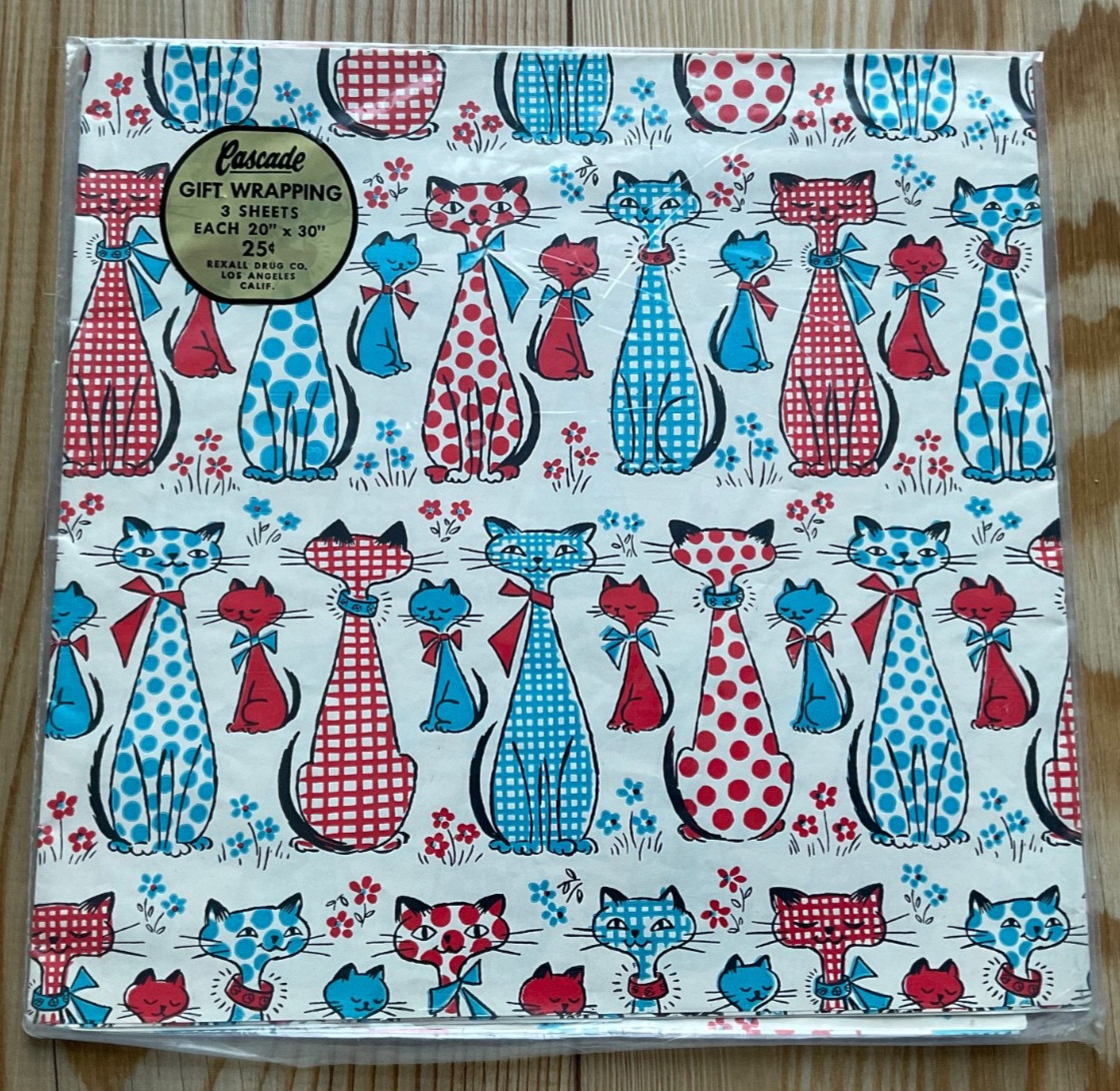 3 Sheets NIP Vtg Rexall Drug Cascade MCM Gift Wrapping Paper - Red & Blue Cats
