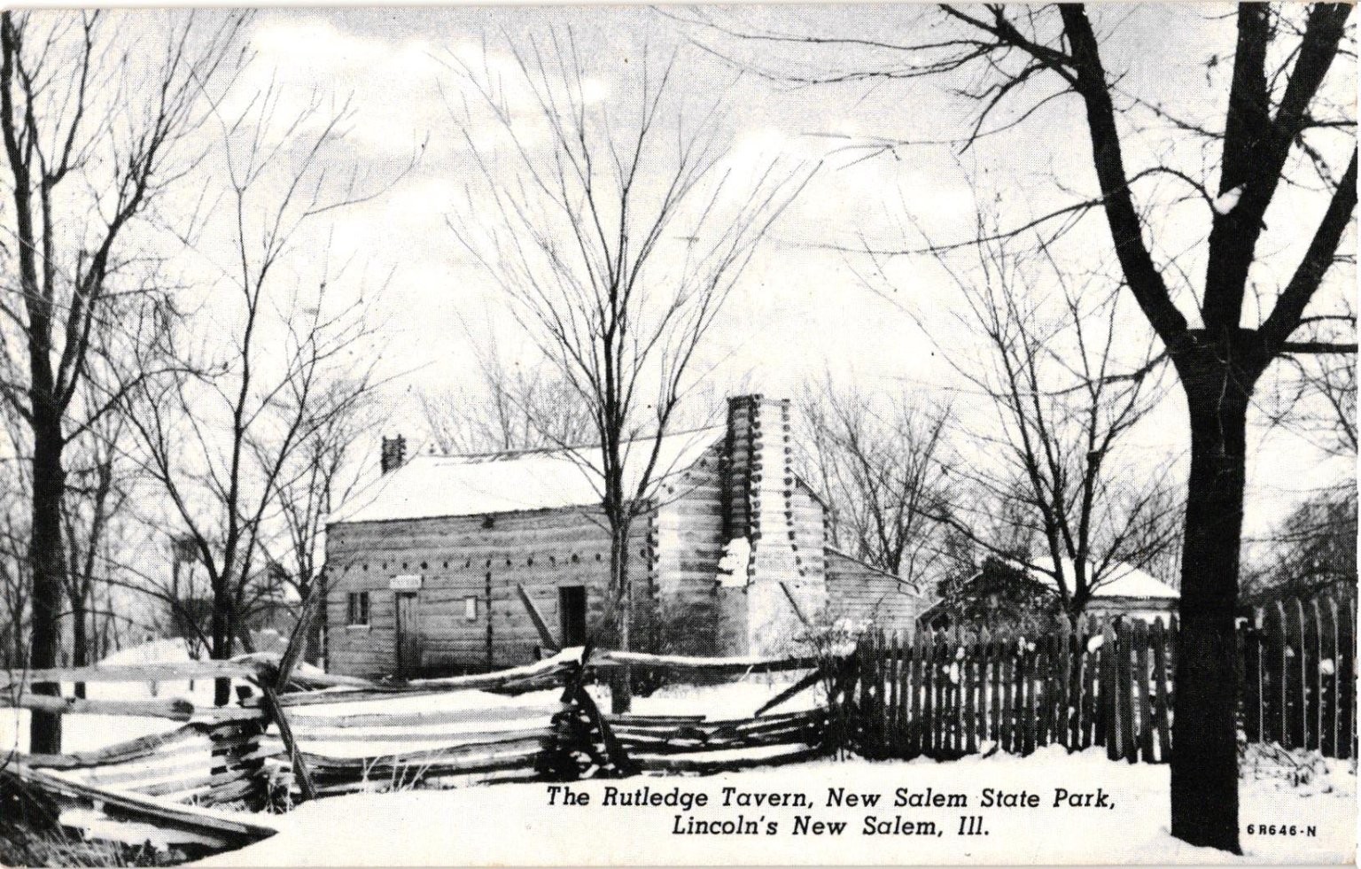 Rutledge Tavern Lincoln\'s New Salem IL Postcard Snow Curteich Photo