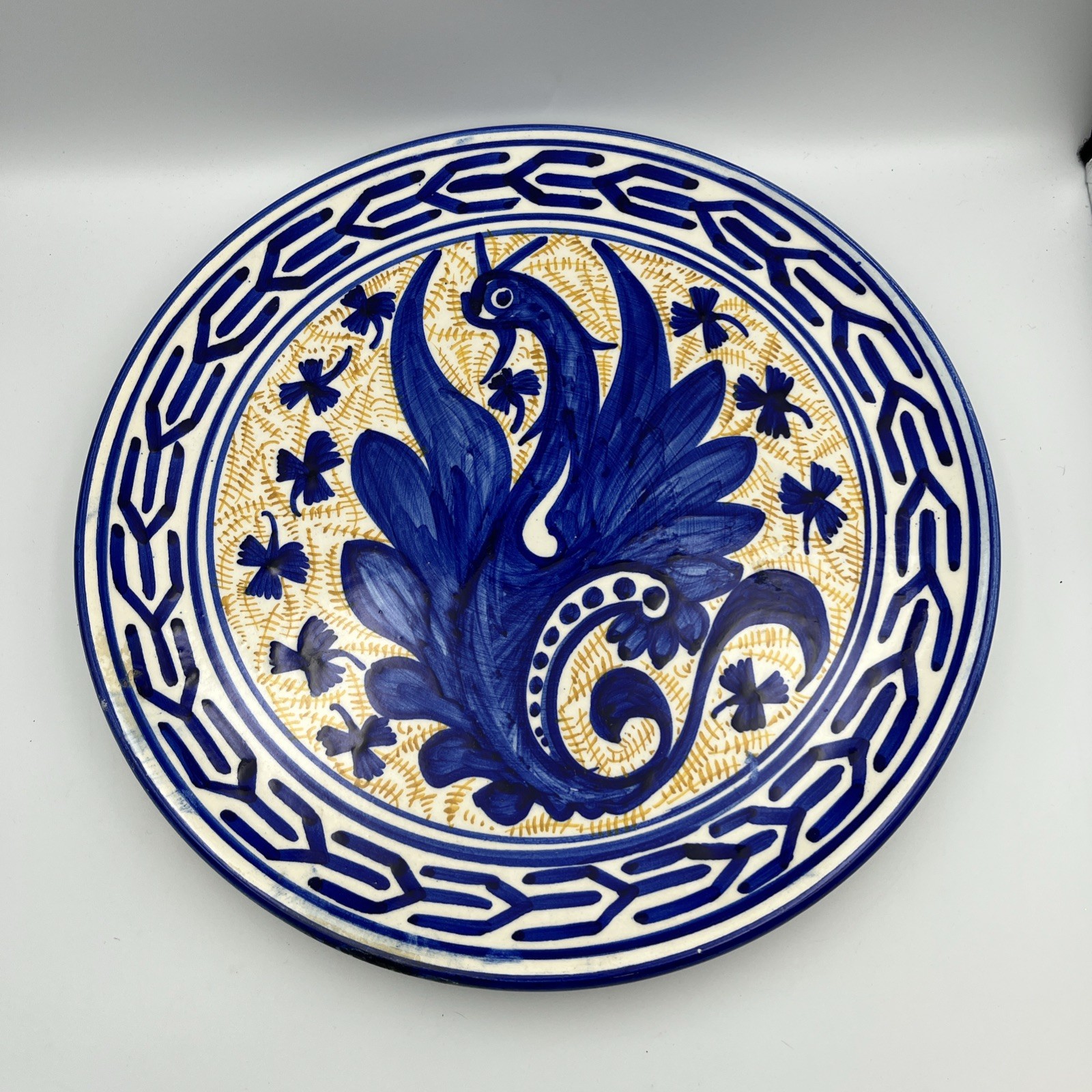 Vintage Spanish Fajalauza? Blue Hand Painted Tin Glazed Dragon Plate Wall Decor
