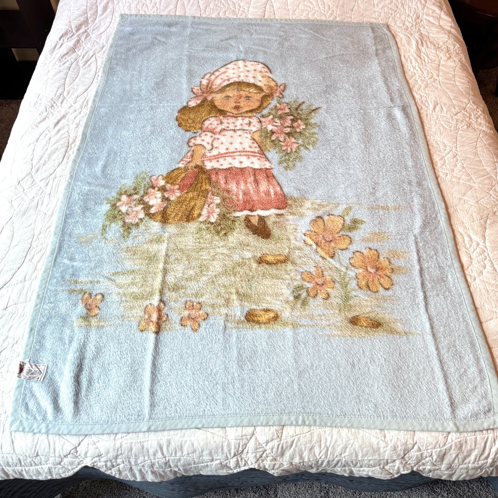 Vintage TAC Girl with Flowers Blue Acrylic Throw Blanket Retro 39x57\