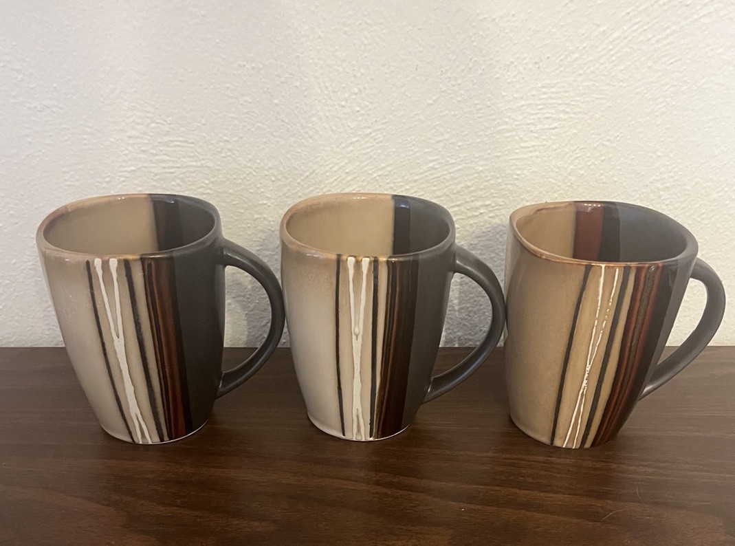 3 VTG Better Homes And Garden Bazaar Brown Grey Stoneware Coffee Mugs Stripes 3 VTG Better Homes And Garden Bazaar Brown Grey Stoneware Coffee Mugs Stripes