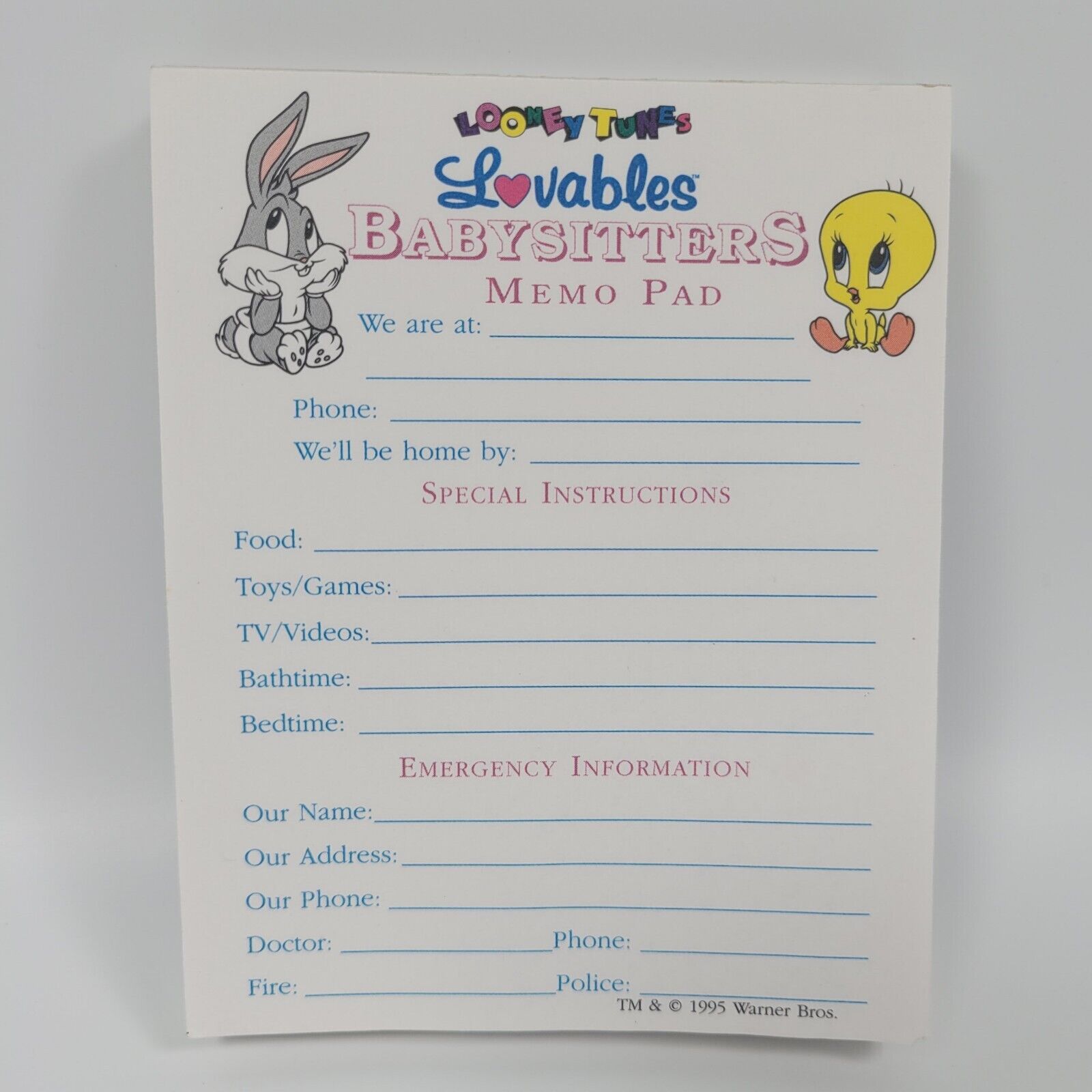 VTG Looney Tunes Lovables Babysitters Memo Pad Baby Bugs Bunny Baby Tweety