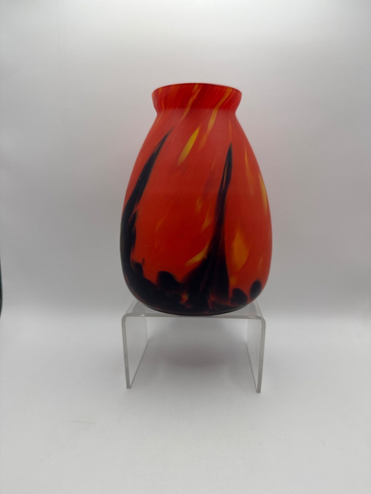 Vtg 1920- 40\'s Rückl Bohemian Czech Orange Shimmy Spatter Glass Flame Vase 6in H
