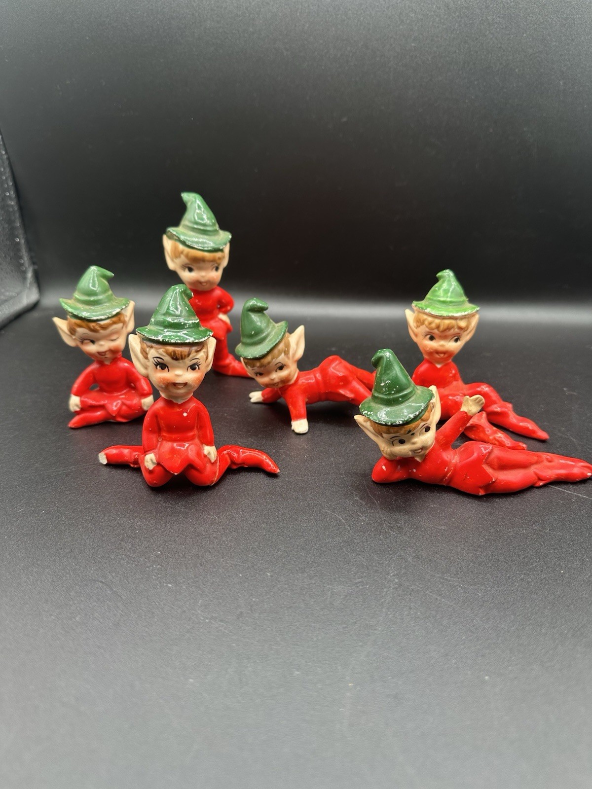 6 Vintage Mid Century Artmark Christmas Pixie Elf Ceramic Figurine Green Red 3