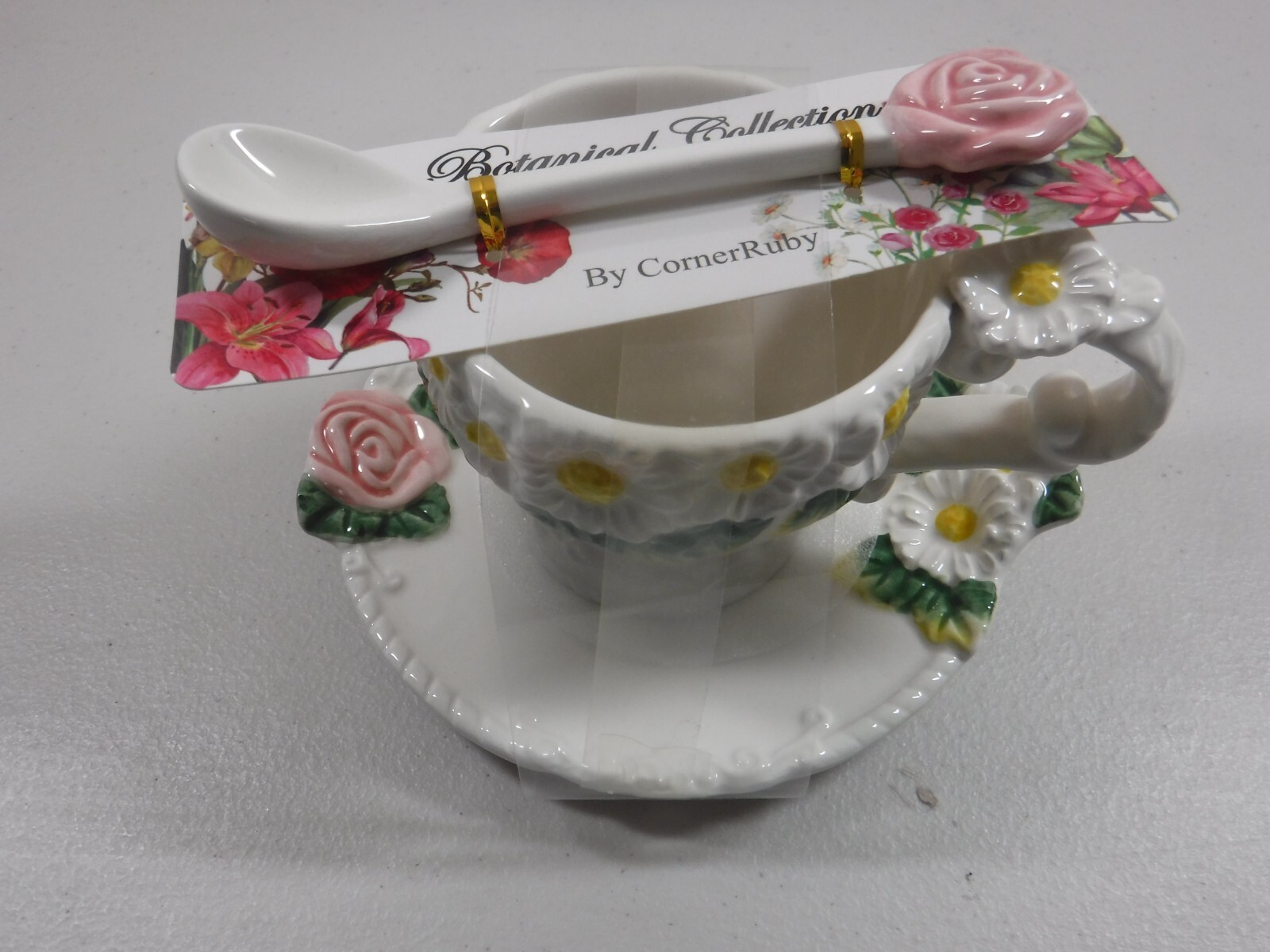 Botanical Collection By CornerRuby 3 Piece Tea Cup Saucer Spoon With Rose