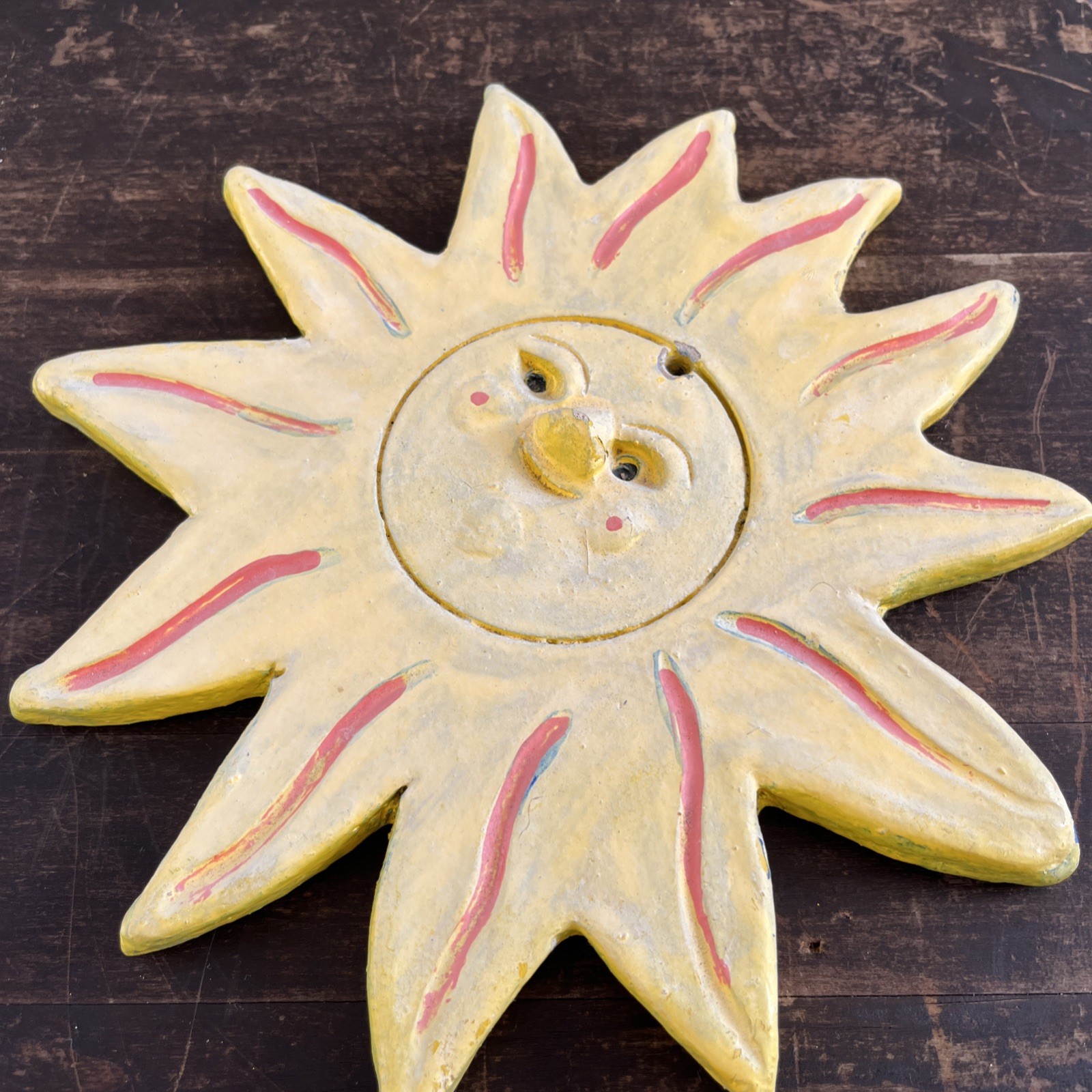 Vintage Panama ceramic Sun plaque , yellow , hand painted, large, folk Art . 