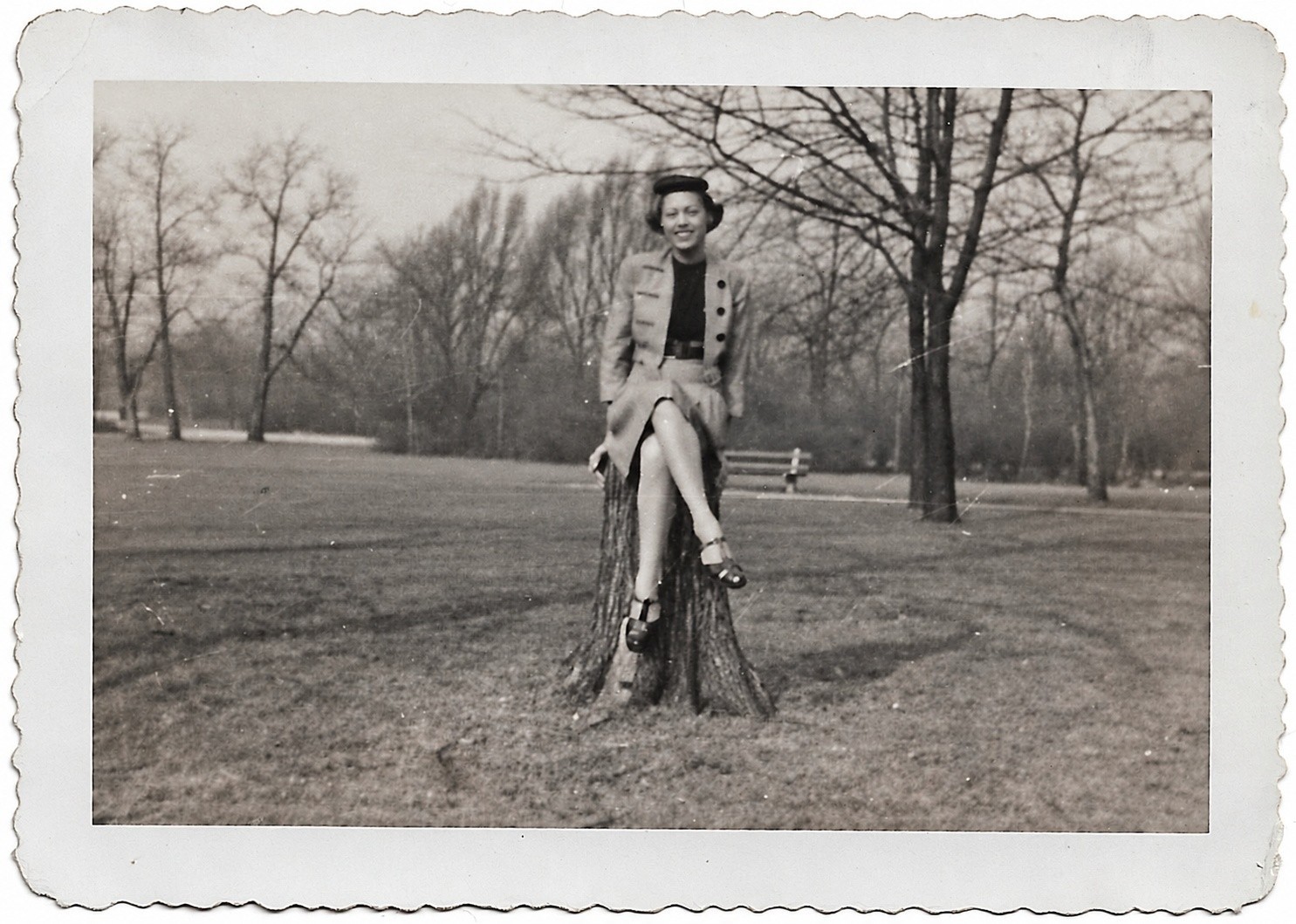 PRETTY BLACK GIRL Vintage Old Photo African American Woman Sitting on Tree Stump