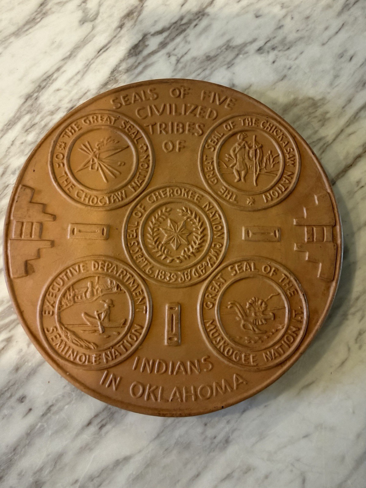 Vtg Frankoma Pottery Clay Trivet Seals of Five Civilized Tribes of Oklahoma 6.5”