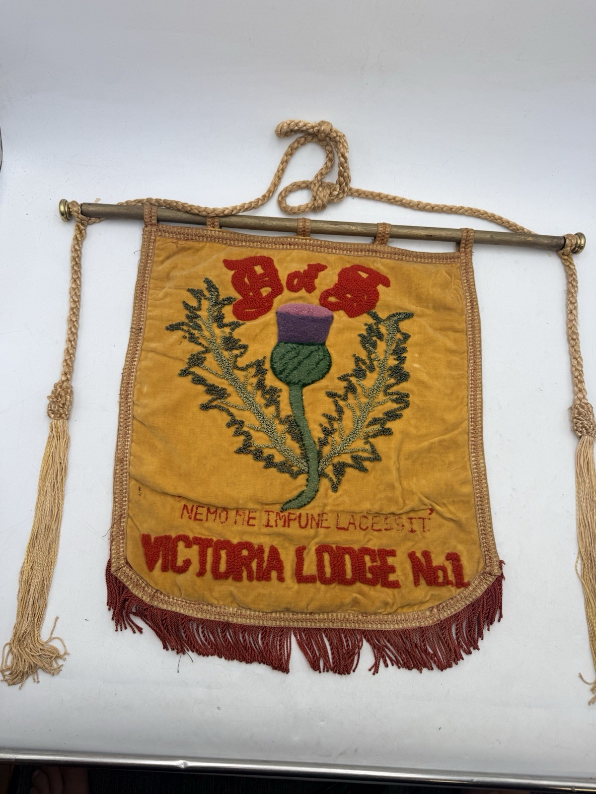 Rare Antique 1890s Fraternal Velvet Banner Victoria Lodge No 1 Scottish Thistle