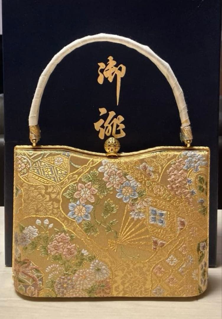 Unused Japanese style bag embroidery obi fabric gold bottom studs formal