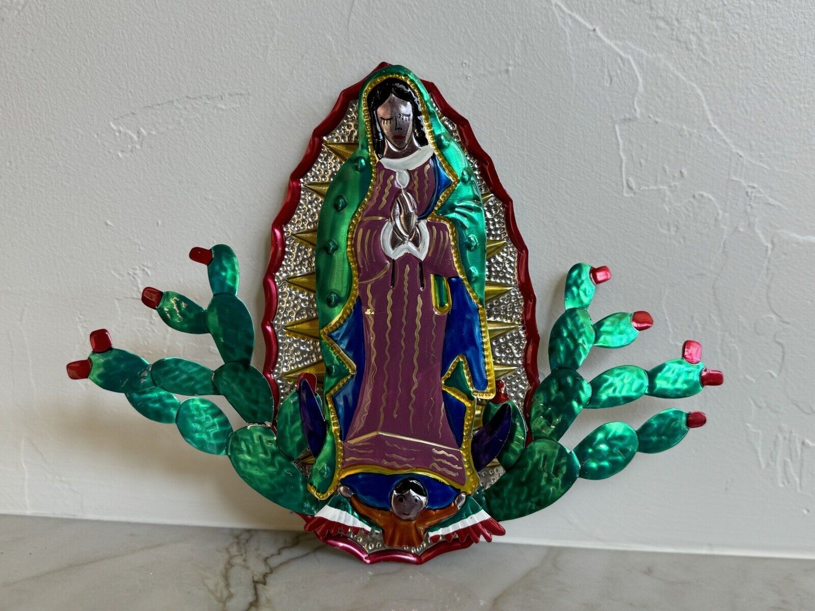 Vintage Mexican Folk Art Punched Pierced Tin Wall Hanging Praying Woman & Child