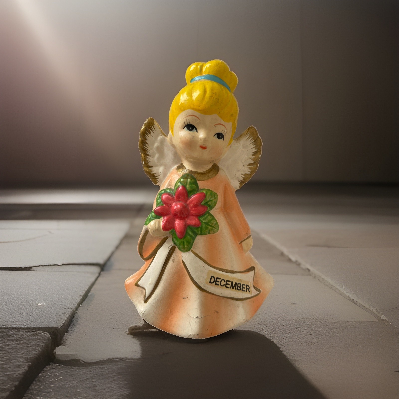 Vintage December Angel Figurine  4” Tall Hand Painting Birthday Figurine