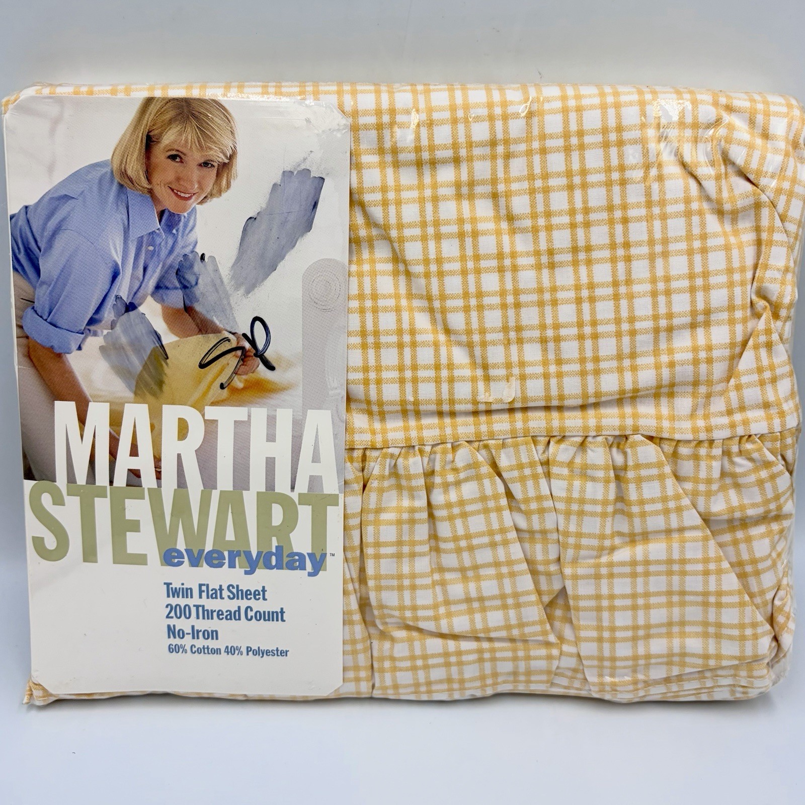 Martha Stewart Vtg 90s TWIN Flat Sheet Yellow White Gingham Ruffle No Iron
