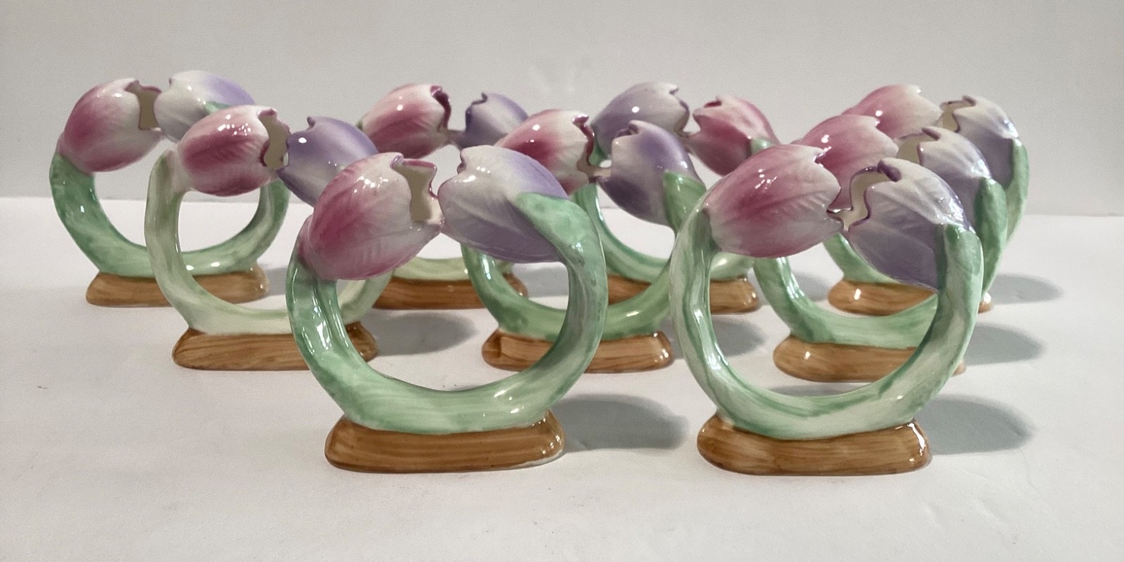 Vintage 1986 PIA Fine Bone China Tulip Napkin Ring Holder Set of 9 Philippines