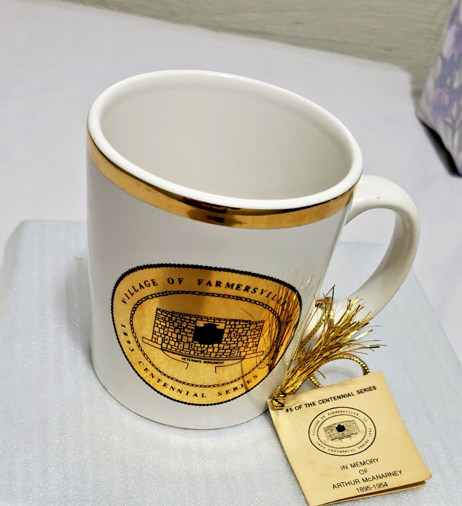 Vintage Village of Farmersville IL Centennial Mug #5 Veterans Monument Gold 1893