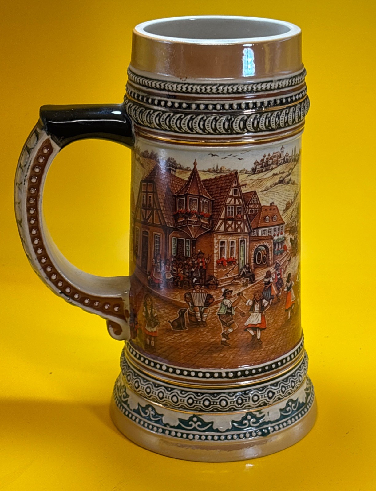 German Beer Stein Mug Handpainted Ceramic Bavarian Village Dancing EHG Vintage