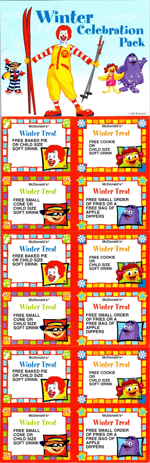 2007 McDonald\'s Winter Celebration Pack Coupon Sheet Ronald Hamburglar Grimace