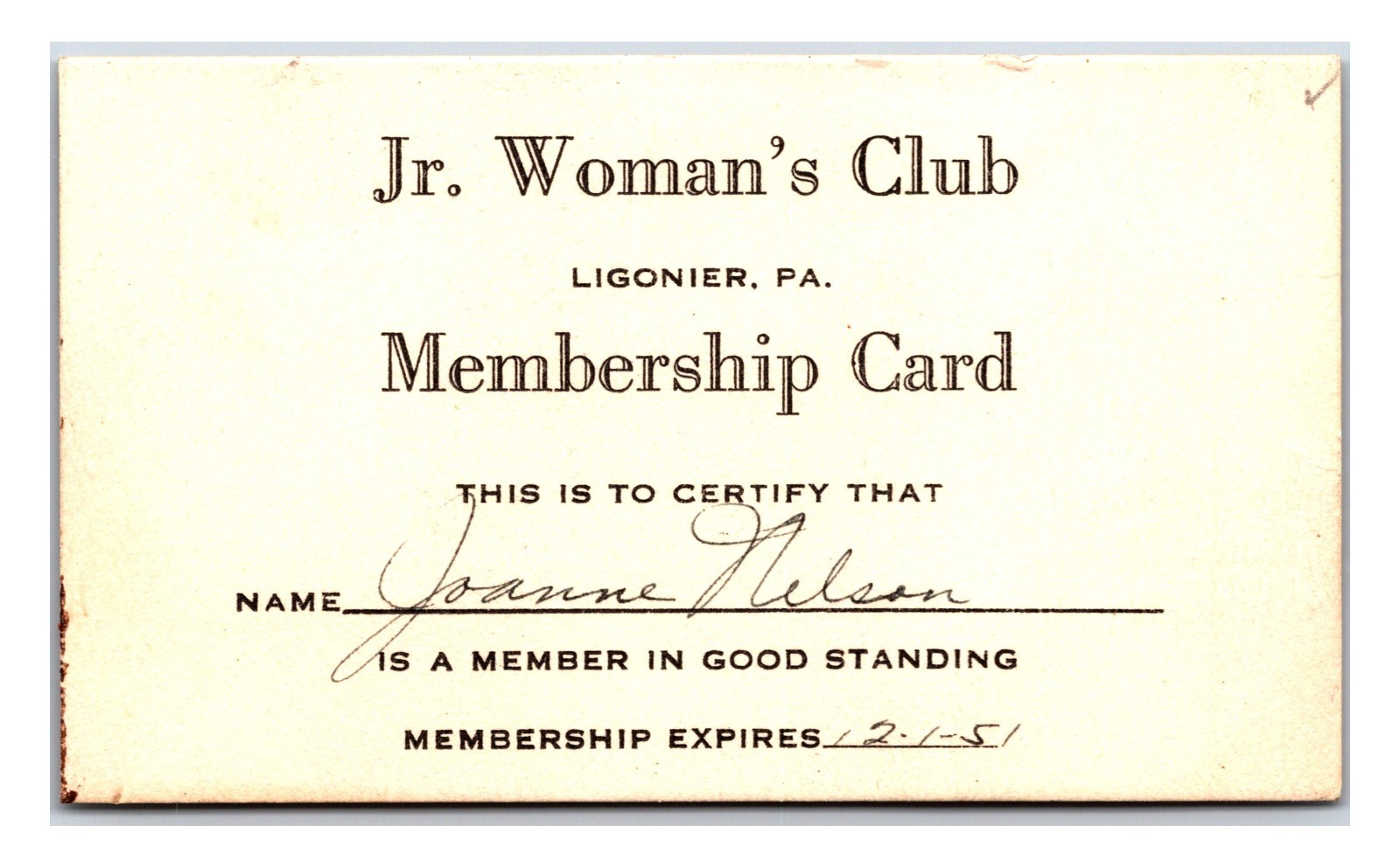 Jr. Woman's Club of Ligonier, Pennsylvania - Membership Card Dated 1951