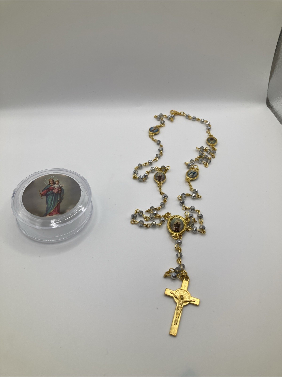 Goldtone Small Silver Glass Beaded Christian Catholic Rosary Necklace W/Case