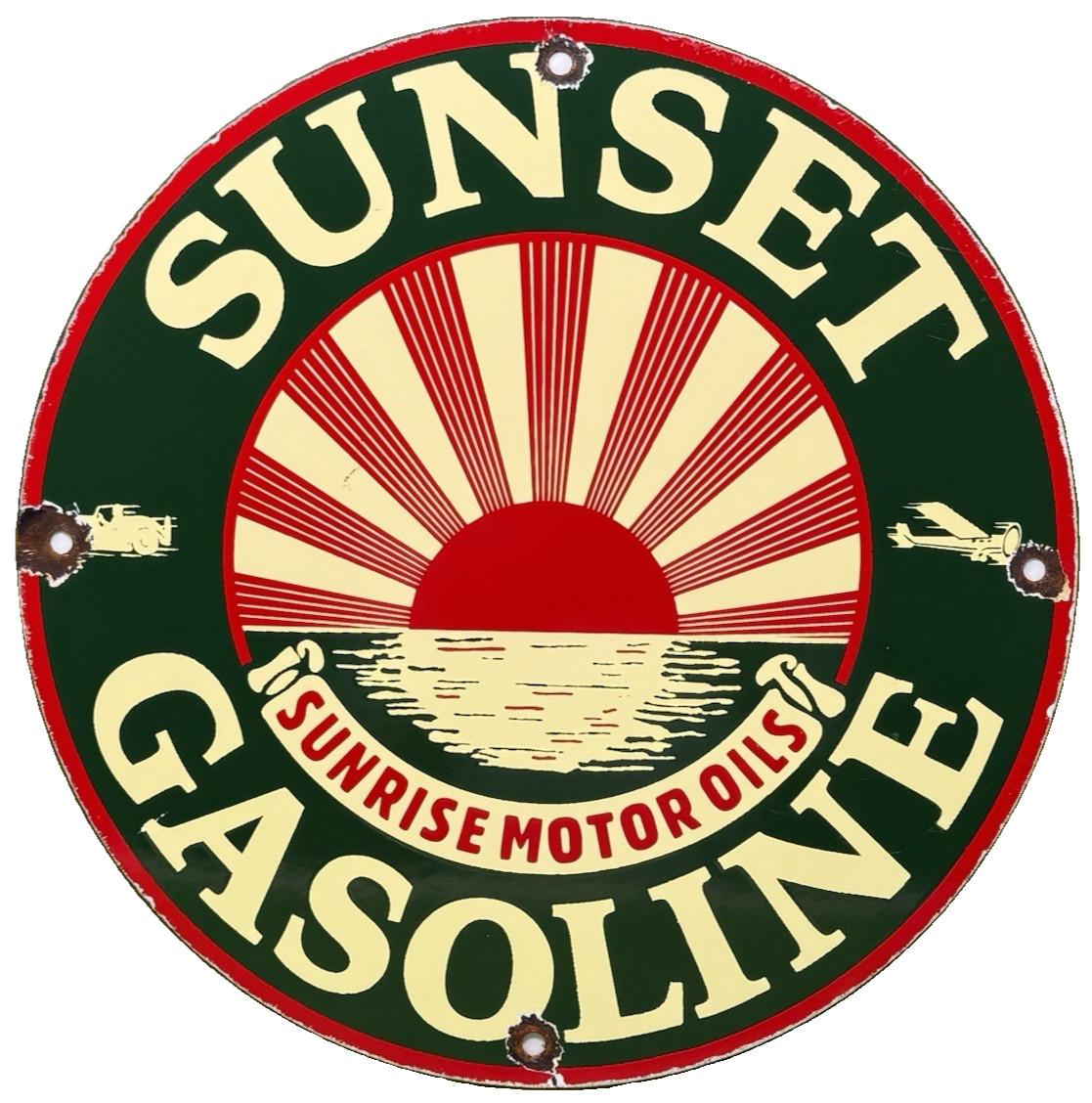 VINTAGE SUNSET GASOLINE PORCELAIN SIGN GAS STATION SUNRISE MOTOR OILS PUMP PLATE