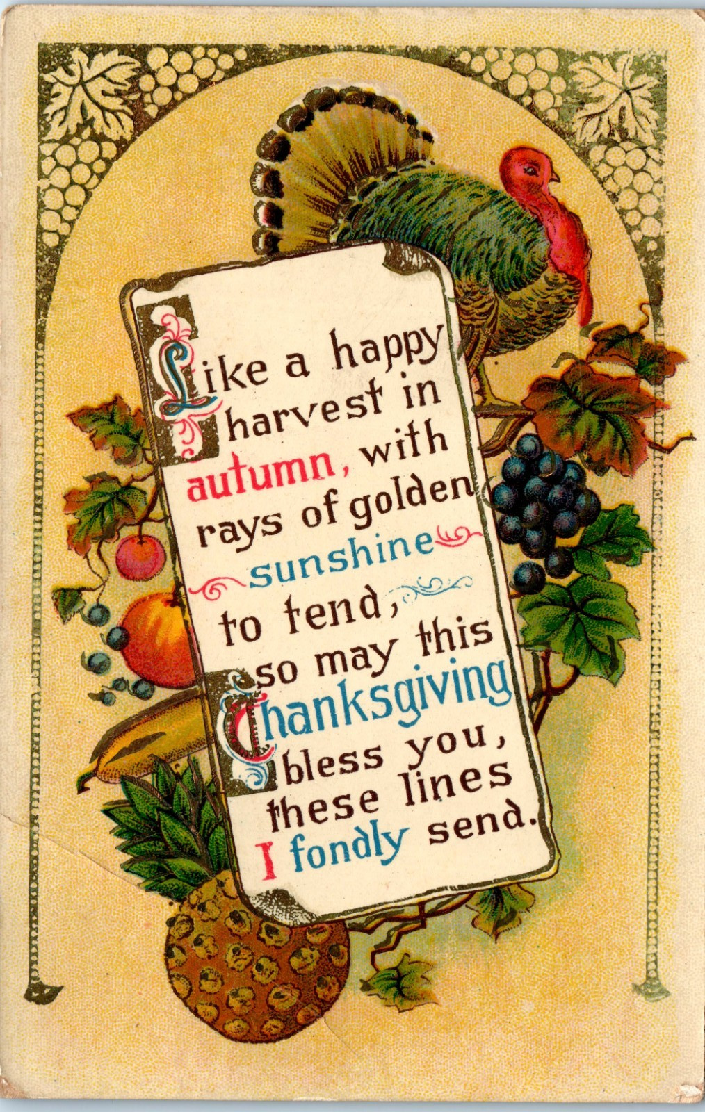 Vintage Postcard Thanksgiving Verse Harvest Fruits Turkey Design Purple Stamp