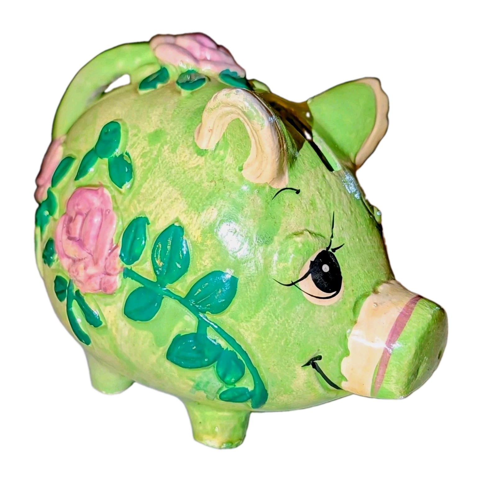 Vtg Pottery Piggy Bank Floral Holiday Fair Chalkware Green Pink Roses Flower Pig