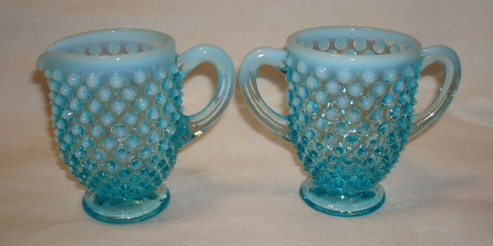 Vintage Fenton Art Glass Blue Opalescent Hobnail Creamer & Open Sugar Bowl Set
