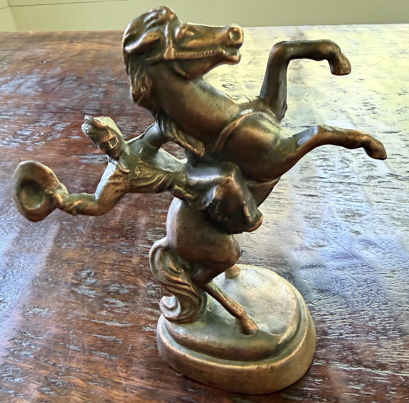 Rustic Western Cowboy Waving Hat Riding Rearing Horse Bronze Statue