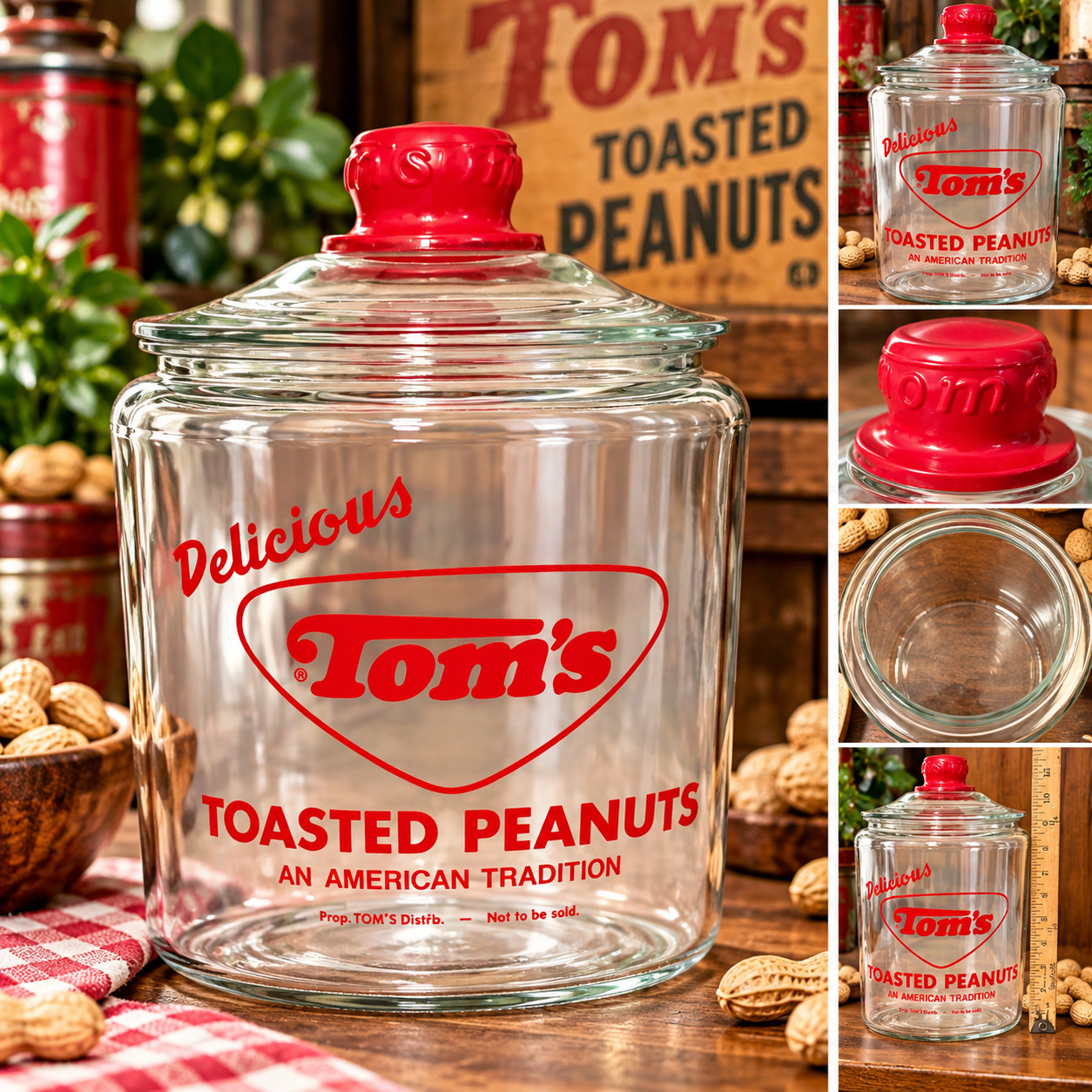 Vintage Tom’s Toasted Peanuts Glass Display Jar w Lid Red Logo Advertising