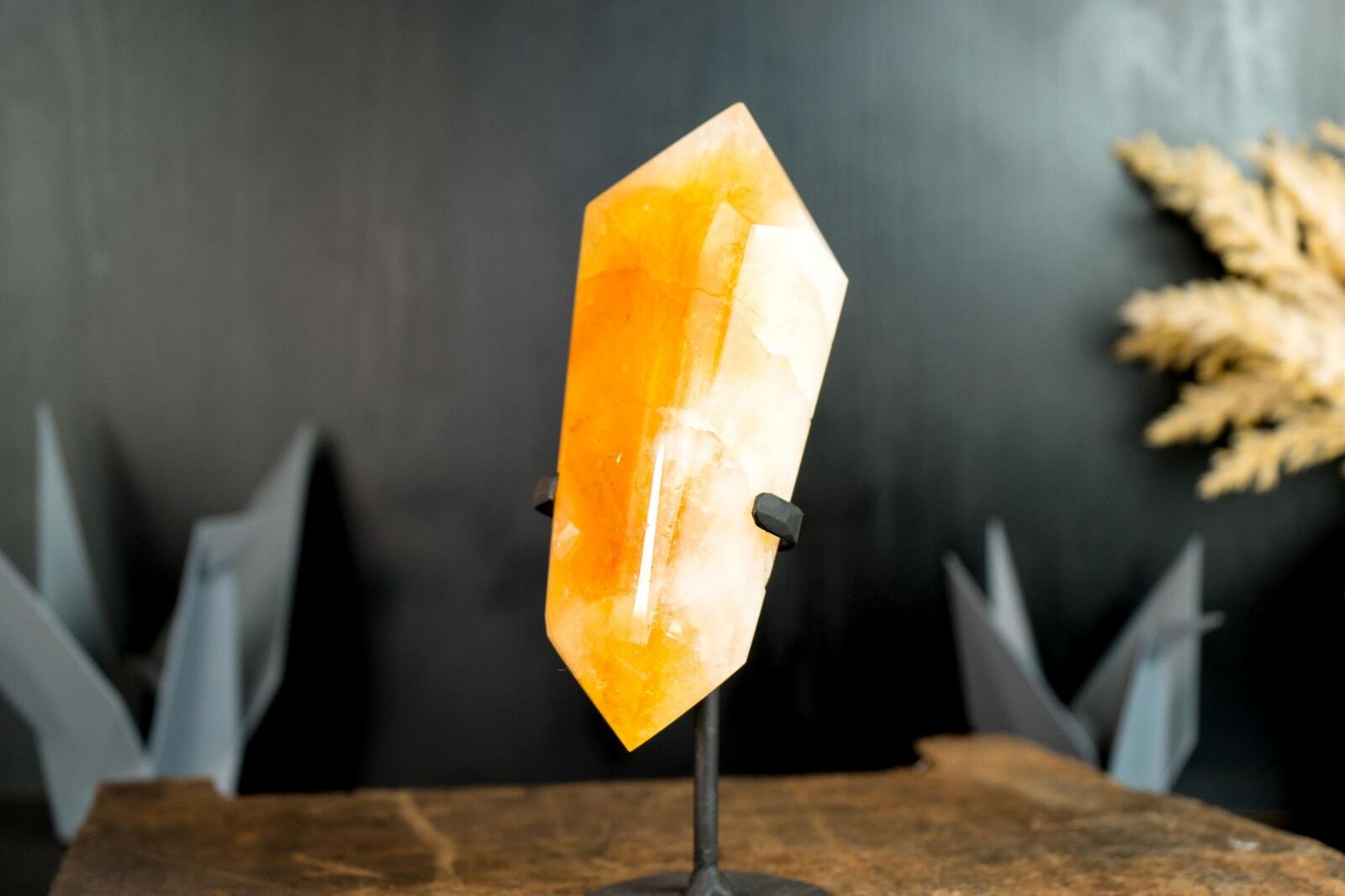 Natural X-Large Brazilian Citrine Crystal Point, Double-Terminated, On Stand