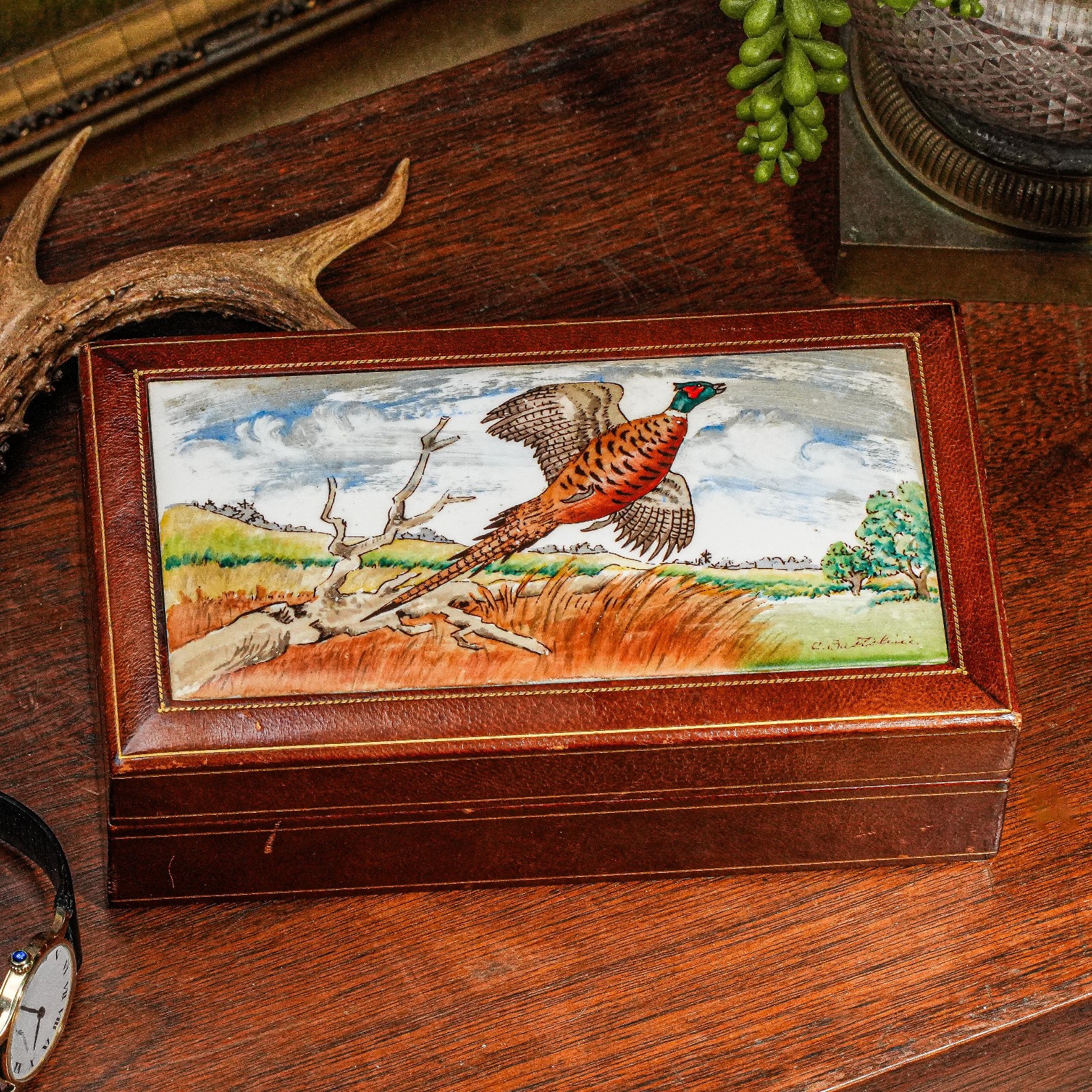 Vintage Hand Painted Porcelain Plaque Pheasant Bird Hunting Theme Leather Box Vintage Hand Painted Porcelain Plaque Pheasant Bird Hunting Theme Leather Box