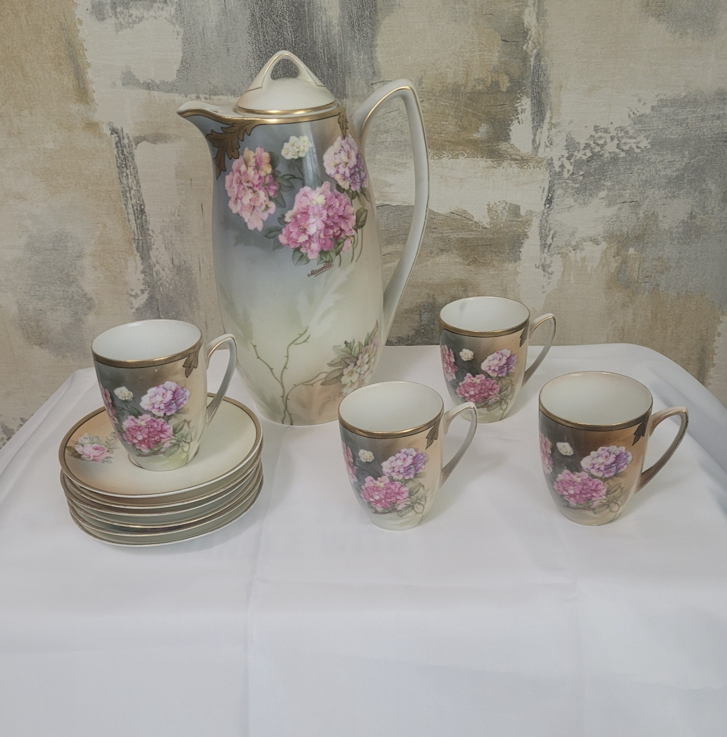 Antique PSAG Mauville Hand Painted Bavaria, Germany Chocolate Pot 12 Piece Set